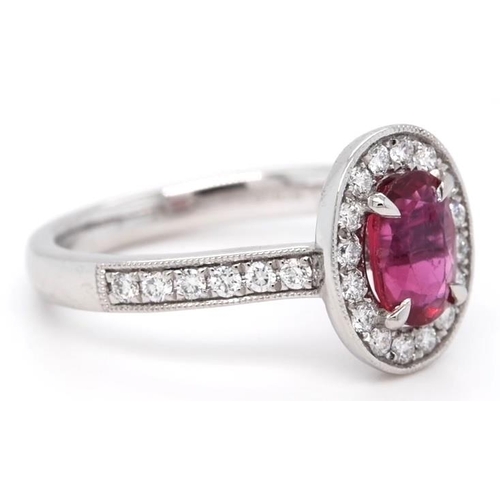 667 - Platinum Ruby and Diamond ring, 1.06ct oval ruby centre, 0.34ct diamonds cluster, size L1/2 brand ne... 