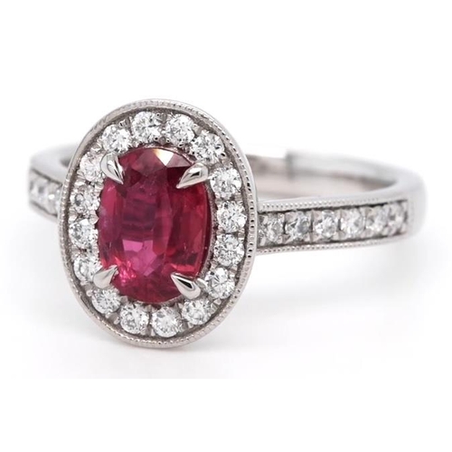 667 - Platinum Ruby and Diamond ring, 1.06ct oval ruby centre, 0.34ct diamonds cluster, size L1/2 brand ne... 