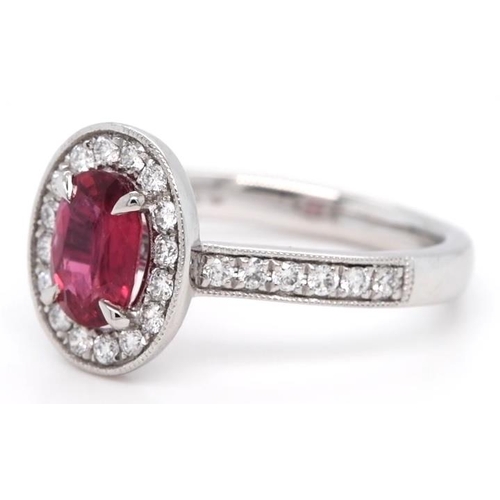 667 - Platinum Ruby and Diamond ring, 1.06ct oval ruby centre, 0.34ct diamonds cluster, size L1/2 brand ne... 