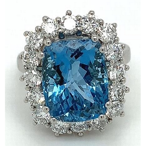 72 - Platinum Aquamarine and Diamond ring, 6.76ct cushion cut Aquamarine centre stone, and 1.16ct diamond... 