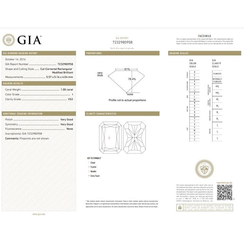 722 - 1ct radiant diamond loose stone, colour I clarity VS2 with GIA certificate no 7232980958