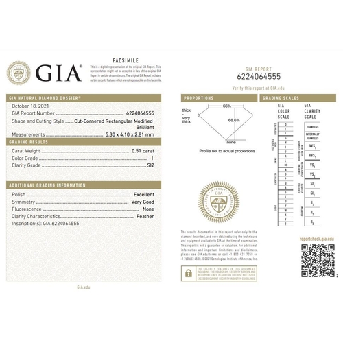 789 - 0.51ct radiant diamond loose stone, colour I clarity S12 with GIA certificate no 6224064555