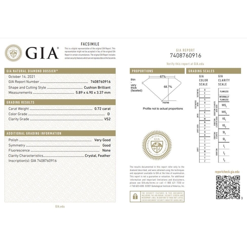 93 - 0.72ct cushion brilliant diamond loose stone, D VS2 with GIA certificate no 7408760916