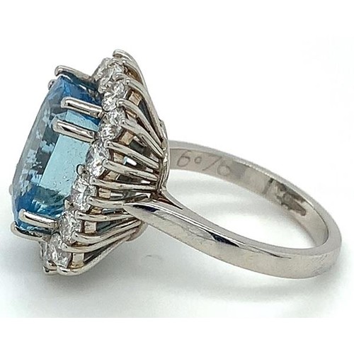 72 - Platinum Aquamarine and Diamond ring, 6.76ct cushion cut Aquamarine centre stone, and 1.16ct diamond... 