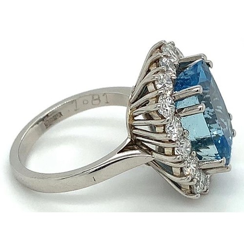 72 - Platinum Aquamarine and Diamond ring, 6.76ct cushion cut Aquamarine centre stone, and 1.16ct diamond... 