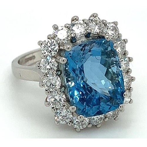 72 - Platinum Aquamarine and Diamond ring, 6.76ct cushion cut Aquamarine centre stone, and 1.16ct diamond... 