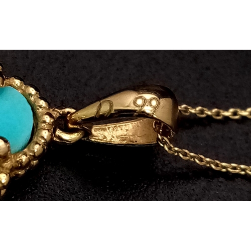 521 - An 18K Yellow Gold Turquoise Floral Pendant on an 18K Gold Disappearing Necklace. 2cm and 44cm. 2.05... 