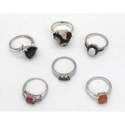 1017 - Six 925 Silver Different Gemstone Rings. 4 x P. 2 x N.