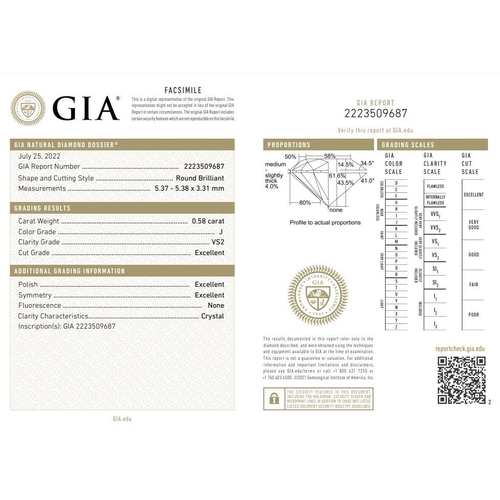 1122 - 0.58ct round diamond loose stone, colour J clarity VS2 with GIA certificate no 2223509687