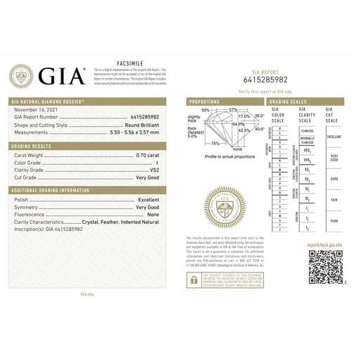 1226 - 0.70ct round diamond loose stone, colour I clarity VS2 with GIA certificate no 6415285982