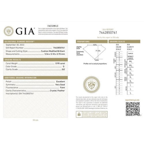 178 - 0.90ct cushion diamond loose stone, colour G clarity SI2 with GIA certificate no 7442850761