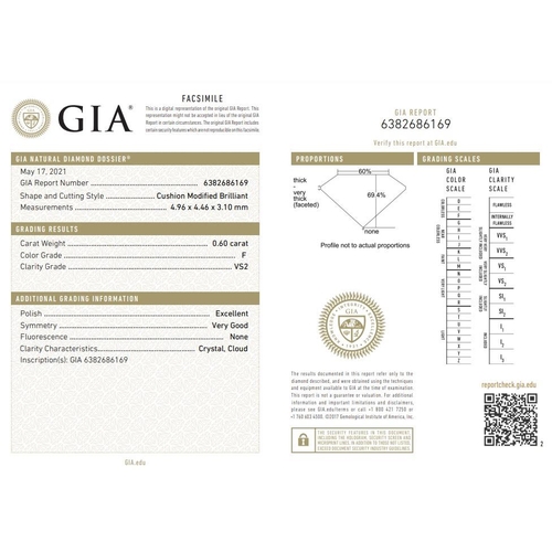 192 - 0.60ct cushion diamond loose stone, colour F clarity VS2 with certificate no 6382686169