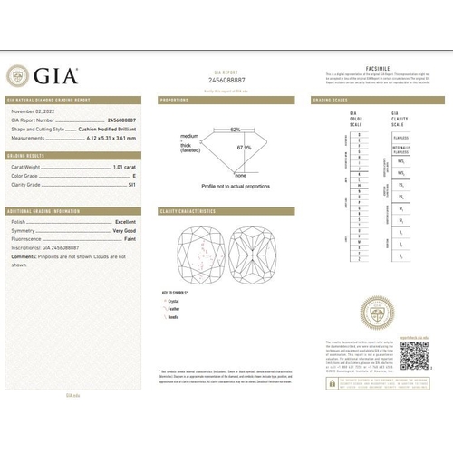 253 - 1.01ct cushion diamond loose stone, colour E clarity SI1 with GIA certificate no  2456088887