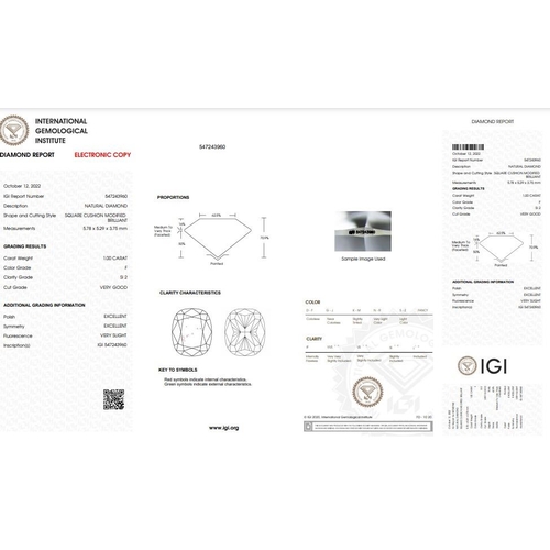 267 - 1ct cushion diamond loose stone, colour F clarity SI2 with IGI certificate no 547243960