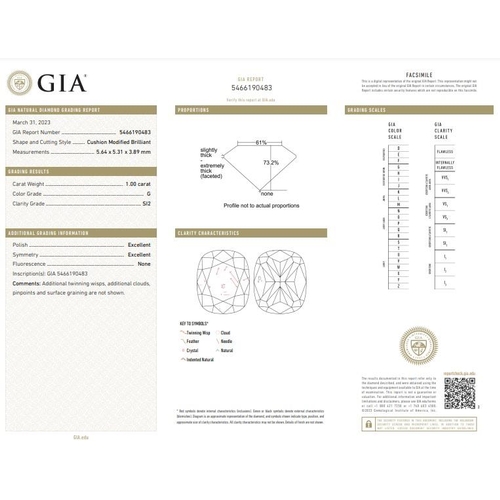 330 - 1ct cushion diamond loose stone, colour G clarity SI2 with GIA certificate no 5466190483