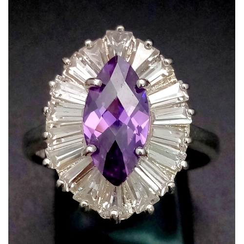 1021 - A Very Good Condition Vintage Art Deco Style Sterling Silver Amethyst and White Topaz Cluster Ring S... 