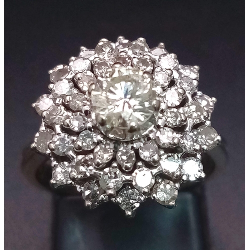 160 - An 18 K white gold ring with a cluster of diamonds (2.50 carats appr). Ring size: K, weight: 6.3 g. ... 