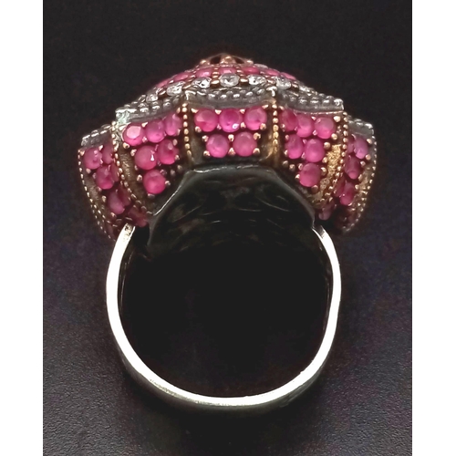 585 - An Extraordinary Unique Ornate Sterling Silver Ruby and Clear Stone Gold Topped Ring Size O. Set wit... 