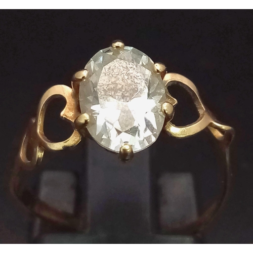 604 - A Vintage 9K Yellow Gold Heart CZ Ring. Size L 1/2. 1.36g total weight.