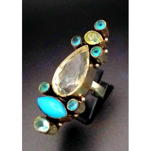 881 - A Vintage Ornate Art Deco Sterling Silver Turquoise and Topaz Multi Stone Ring Size N. 5cm Length, 1... 