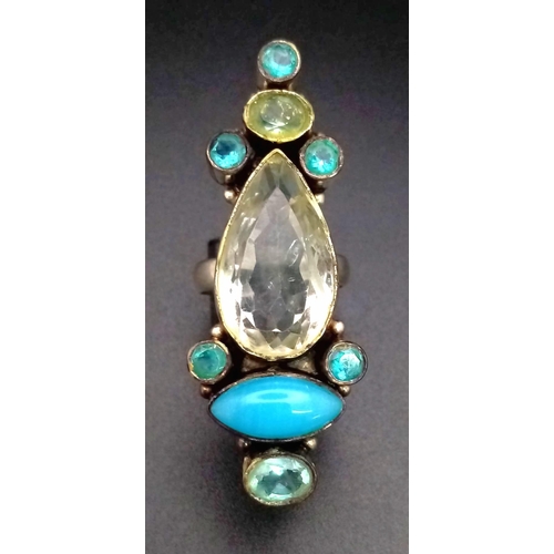 881 - A Vintage Ornate Art Deco Sterling Silver Turquoise and Topaz Multi Stone Ring Size N. 5cm Length, 1... 