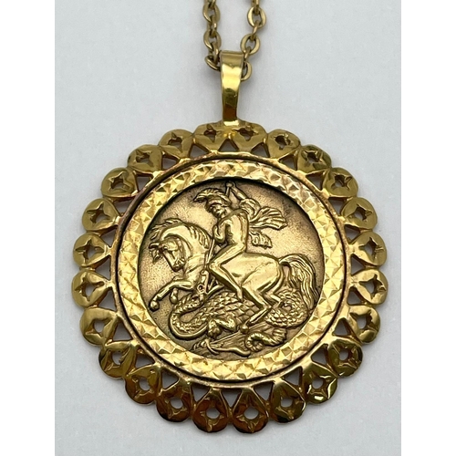 12 - A Vintage 9K Gold Dragon Slaying Pendant on a 9K Yellow Gold Link Necklace/Chain. 27mm diameter - pe... 