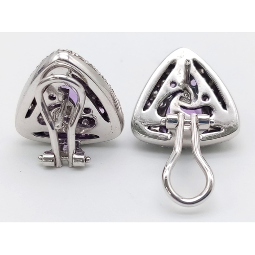 120 - A FABULOUS 18K WHITE GOLD DIAMOND AND AMETHYST RING WITH MATCHING EARRINGS .  35.5gms