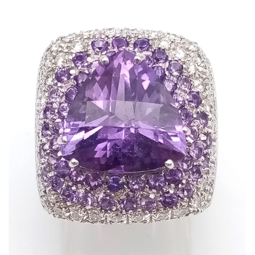 120 - A FABULOUS 18K WHITE GOLD DIAMOND AND AMETHYST RING WITH MATCHING EARRINGS .  35.5gms