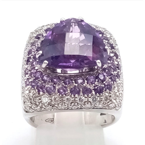 120 - A FABULOUS 18K WHITE GOLD DIAMOND AND AMETHYST RING WITH MATCHING EARRINGS .  35.5gms