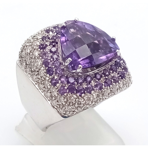 120 - A FABULOUS 18K WHITE GOLD DIAMOND AND AMETHYST RING WITH MATCHING EARRINGS .  35.5gms