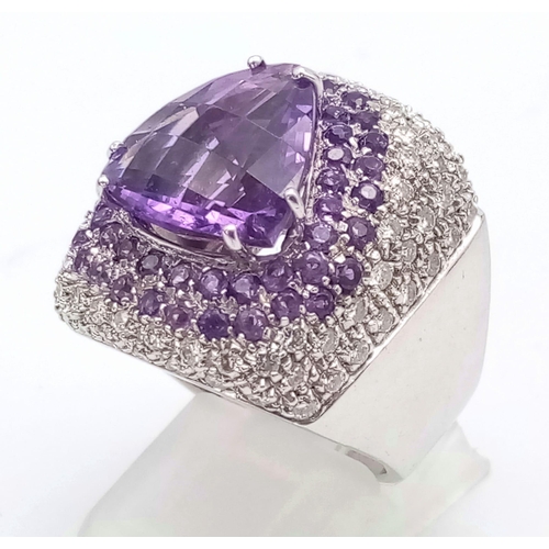 120 - A FABULOUS 18K WHITE GOLD DIAMOND AND AMETHYST RING WITH MATCHING EARRINGS .  35.5gms