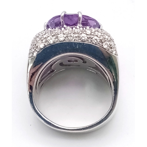 120 - A FABULOUS 18K WHITE GOLD DIAMOND AND AMETHYST RING WITH MATCHING EARRINGS .  35.5gms