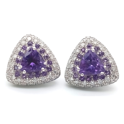 120 - A FABULOUS 18K WHITE GOLD DIAMOND AND AMETHYST RING WITH MATCHING EARRINGS .  35.5gms