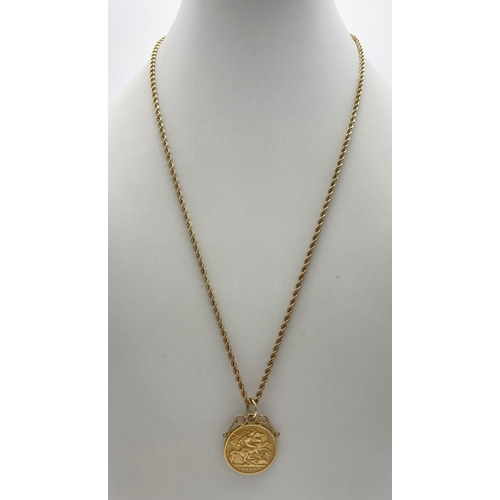 15 - A 1907 22K Gold Edward VII Half Sovereign Pendant on a 9K Yellow Gold Rope Necklace. 25mm and 46cm. ... 