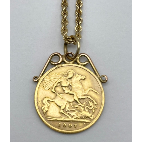 15 - A 1907 22K Gold Edward VII Half Sovereign Pendant on a 9K Yellow Gold Rope Necklace. 25mm and 46cm. ... 