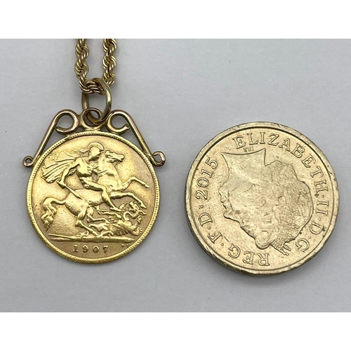 15 - A 1907 22K Gold Edward VII Half Sovereign Pendant on a 9K Yellow Gold Rope Necklace. 25mm and 46cm. ... 