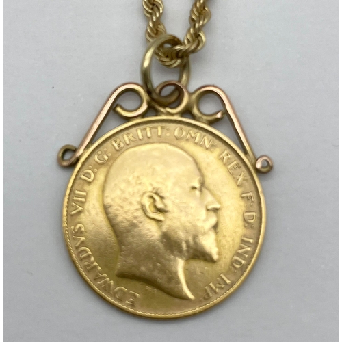 15 - A 1907 22K Gold Edward VII Half Sovereign Pendant on a 9K Yellow Gold Rope Necklace. 25mm and 46cm. ... 