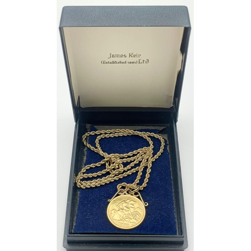 15 - A 1907 22K Gold Edward VII Half Sovereign Pendant on a 9K Yellow Gold Rope Necklace. 25mm and 46cm. ... 