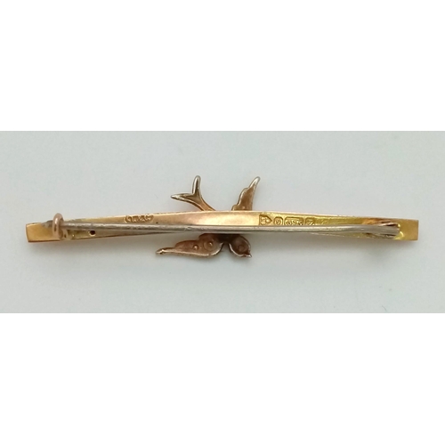 1618 - An Antique 9K Yellow Gold Bar Brooch with Bird and Seed Pearl Decoration. 4.5cm. 1.4g total weight.