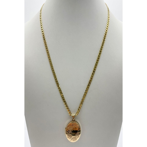 22 - A 9K Yellow Gold Oval Locket Pendant on a 9K Yellow Gold Flat Belcher Link Necklace. 3.5cm and 44cm.... 