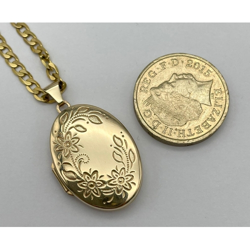 22 - A 9K Yellow Gold Oval Locket Pendant on a 9K Yellow Gold Flat Belcher Link Necklace. 3.5cm and 44cm.... 