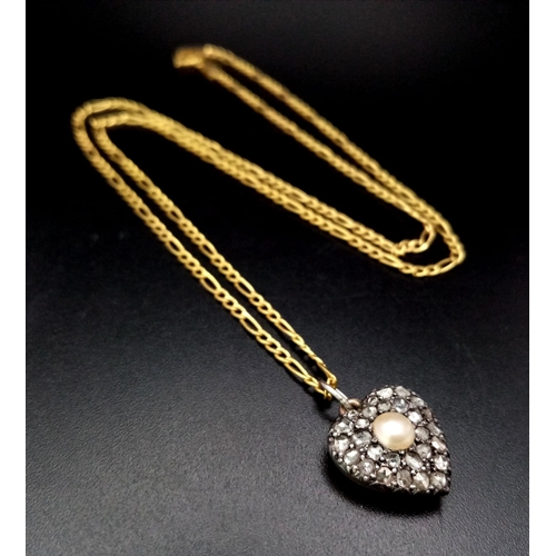 72 - A Vintage Diamond and Pearl Heart Pendant Set in Rose Gold on an Italian 9K Yellow Gold Figaro Link ... 