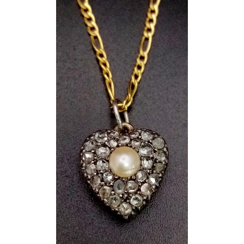 72 - A Vintage Diamond and Pearl Heart Pendant Set in Rose Gold on an Italian 9K Yellow Gold Figaro Link ... 