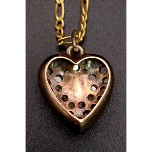 72 - A Vintage Diamond and Pearl Heart Pendant Set in Rose Gold on an Italian 9K Yellow Gold Figaro Link ... 