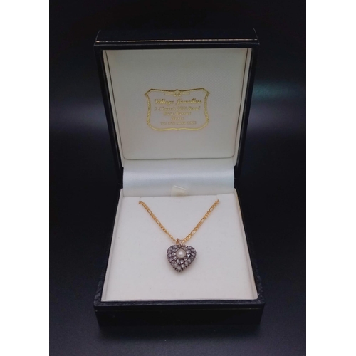 72 - A Vintage Diamond and Pearl Heart Pendant Set in Rose Gold on an Italian 9K Yellow Gold Figaro Link ... 