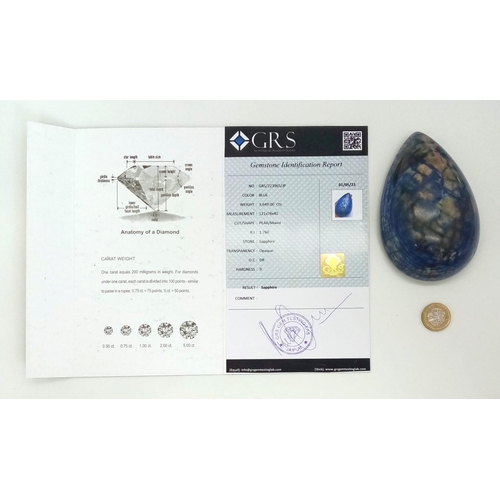 145 - 3649Ct Cabochon Natural Blue Sapphire, Pear Shape, Comes with GRS Lab Certified