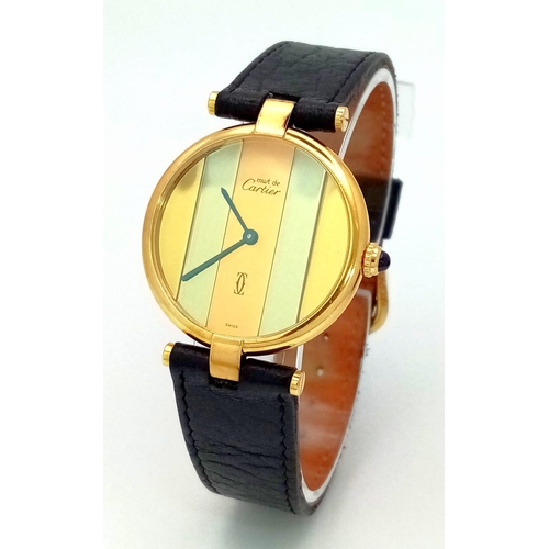 46 - A Cartier Must De Vermeil Tri Colour Unisex Watch. Black leather strap. Vermeil case - 32mm, with al... 