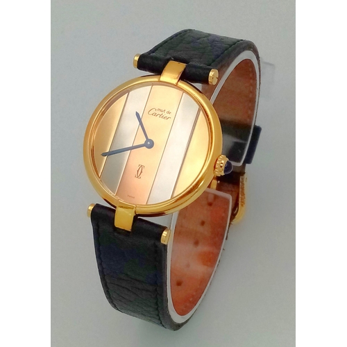 46 - A Cartier Must De Vermeil Tri Colour Unisex Watch. Black leather strap. Vermeil case - 32mm, with al... 