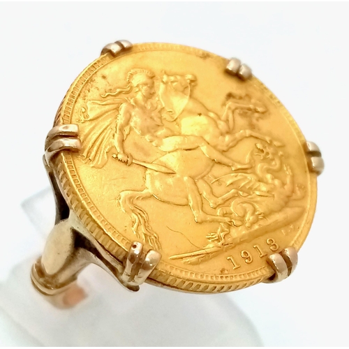 3 - An Antique 1913 22K Gold Full Sovereign Ring set in a 9K Yellow Gold Well-Constructed Antique Ring. ... 