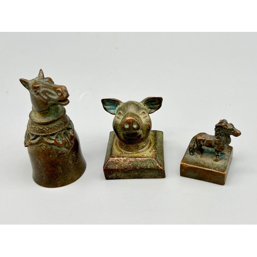 1628 - Three Vintage, Possibly Antique Bronze Animal Head Figures - two with calligraphy stamps on base.